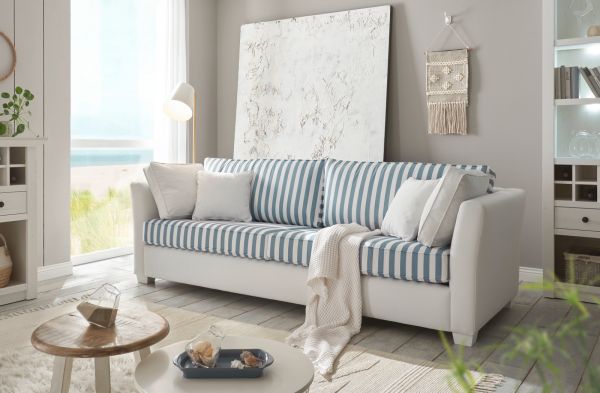 Sofa Hooge in creme und blau Landhaus Wohnzimmer Couch 3-Sitzer 240 cm
