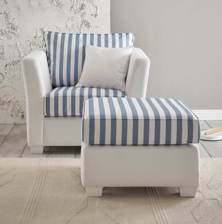 Sessel Set Hooge in creme und blau Landhaus Wohnzimmer Loungesessel inklusive Hocker