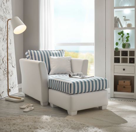 Sessel Set Hooge in creme und blau Landhaus Wohnzimmer Loungesessel inklusive Hocker