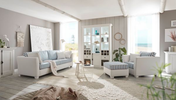 Sessel Set Hooge in creme und blau Landhaus Wohnzimmer Loungesessel inklusive Hocker