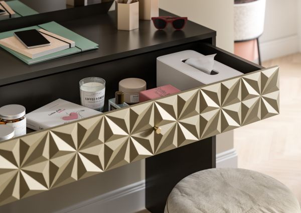 Schminktisch Relief in schwarz und Gold mit 3-D Struktur Kosmetiktisch mit Spiegel 117 cm