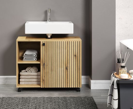 Waschbeckenunterschrank Feliz in Evoke Eiche Badschrank auf Rollen 80 cm
