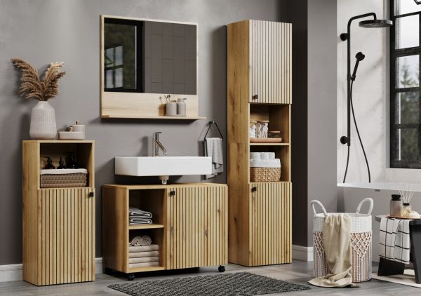 Waschbeckenunterschrank Feliz in Evoke Eiche Badschrank auf Rollen 80 cm