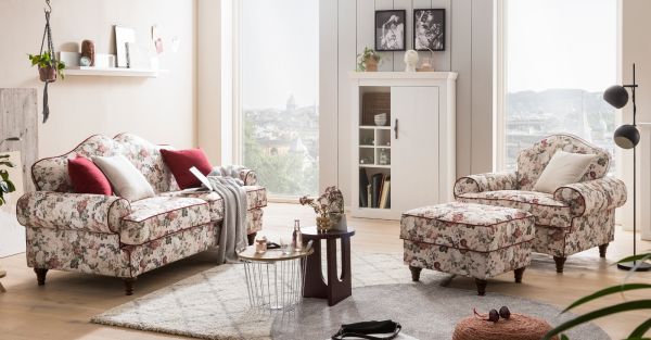 Sofa 3-Sitzer Elita in creme Landhaus Blumen Design Couch 200 cm