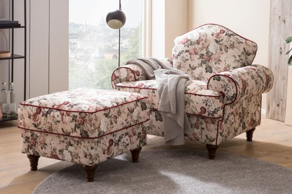 Sessel Set Elita in creme Landhaus Blumen Design Loungesessel inklusive Hocker