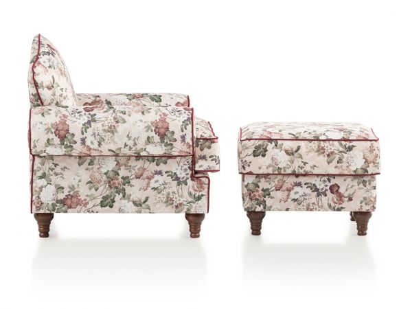 Sessel Set Elita in creme Landhaus Blumen Design Loungesessel inklusive Hocker