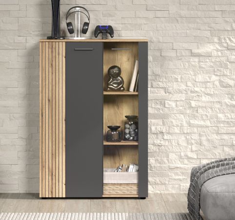 Highboard Avila in grau und Evoke Eiche Vitrine 90 x 132 cm