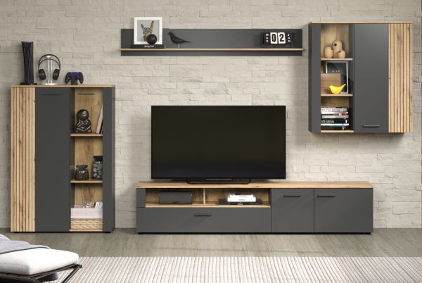 Highboard Avila in grau und Evoke Eiche Vitrine 90 x 132 cm