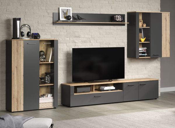 Wohnwand Avila in grau und Evoke Eiche Schrankwand 4-teilig 340 cm