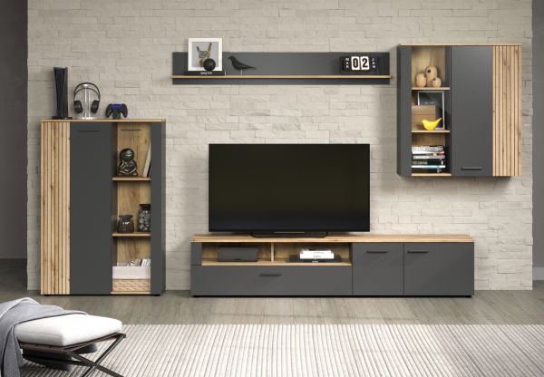 Wohnwand Avila in grau und Evoke Eiche Schrankwand 4-teilig 340 cm