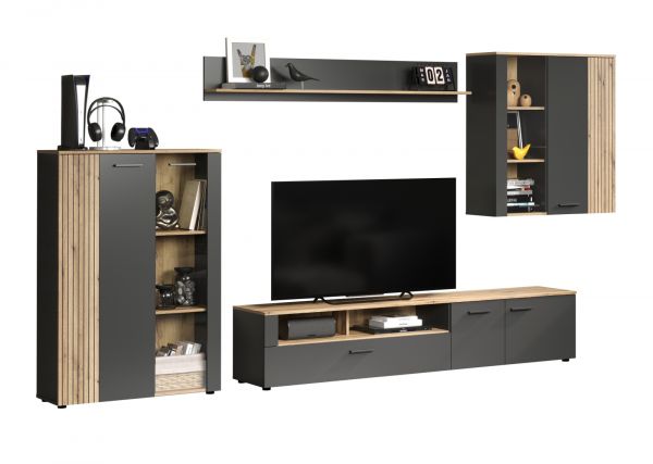 Wohnwand Avila in grau und Evoke Eiche Schrankwand 4-teilig 340 cm