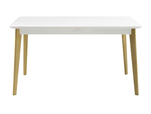 Esstisch Isgard in wei� matt und Scandi Eiche K�chentisch skandinavisch ausziehbar mit Einlegeplatte 140 - 180 x 80 cm