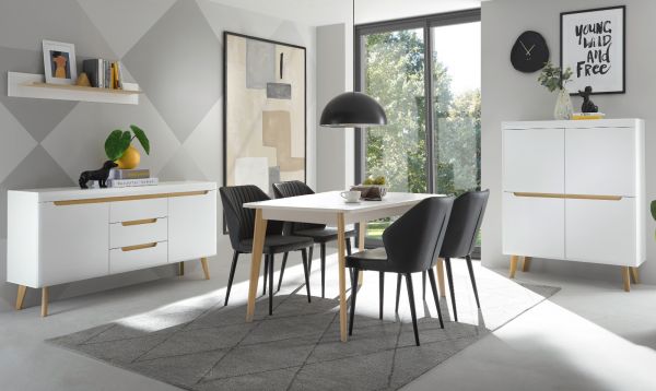 Esstisch Isgard in wei� matt und Scandi Eiche K�chentisch skandinavisch ausziehbar mit Einlegeplatte 140 - 180 x 80 cm