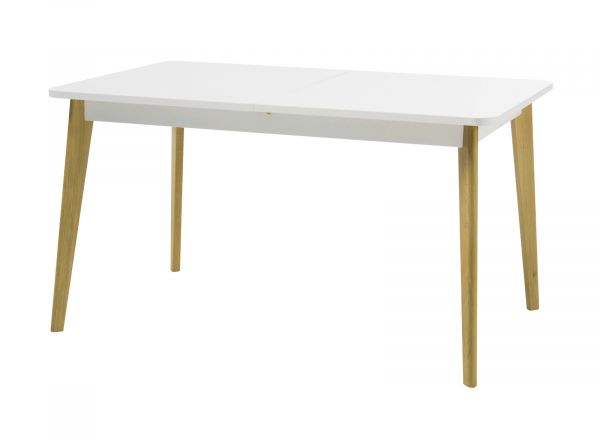 Esstisch Isgard in wei� matt und Scandi Eiche K�chentisch skandinavisch ausziehbar mit Einlegeplatte 140 - 180 x 80 cm