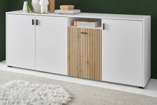 Sideboard Merced in wei� matt und Evoke Eiche Kommode 4-t�rig Breite 200 cm, Soft-Close