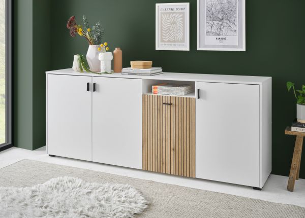Sideboard Merced in wei� matt und Evoke Eiche Kommode 4-t�rig Breite 200 cm, Soft-Close