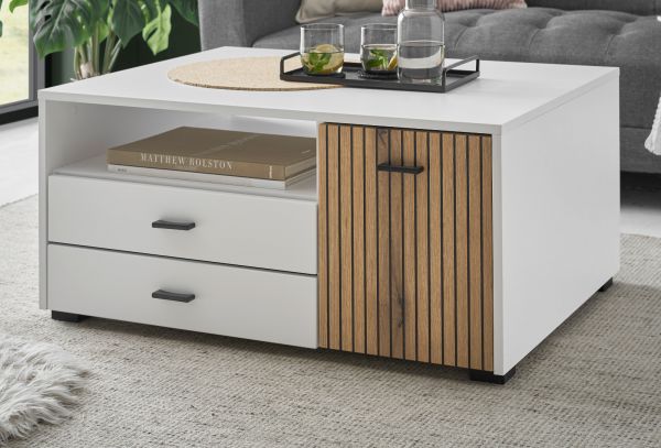 Couchtisch Merced in wei� matt und Evoke Eiche Beistelltisch 90 x 70 cm