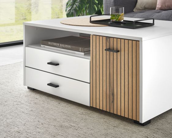 Couchtisch Merced in wei� matt und Evoke Eiche Beistelltisch 90 x 70 cm