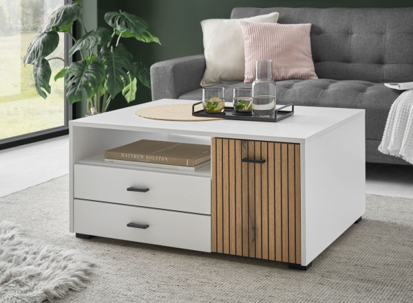 Couchtisch Merced in wei� matt und Evoke Eiche Beistelltisch 90 x 70 cm