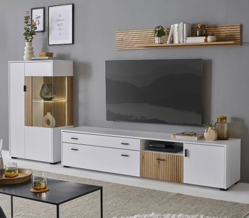 Wohnwand Merced in wei� matt und Evoke Eiche Wohnkombination 3-teilig 285 x 170 cm