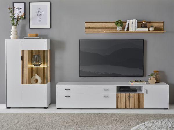 Wohnwand Merced in wei� matt und Evoke Eiche Wohnkombination 3-teilig 285 x 170 cm