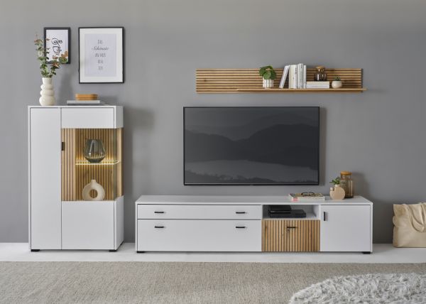 Wohnwand Merced in wei� matt und Evoke Eiche Wohnkombination 3-teilig 285 x 170 cm