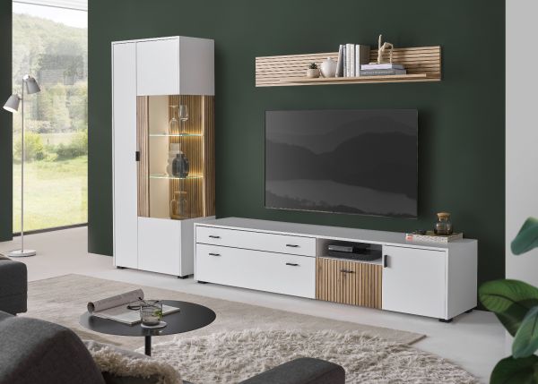 Wohnwand Merced in wei� matt und Evoke Eiche Wohnkombination 3-teilig 285 x 180 cm