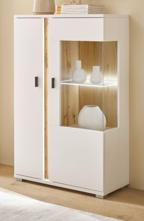 Vitrine Bellport in wei� matt und Wotan Eiche Highboard inklusive Frontbeleuchtung 80 x 125 cm