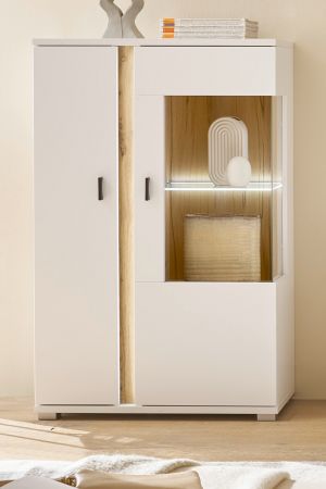 Vitrine Bellport in wei� matt und Wotan Eiche Highboard inklusive Frontbeleuchtung 80 x 125 cm