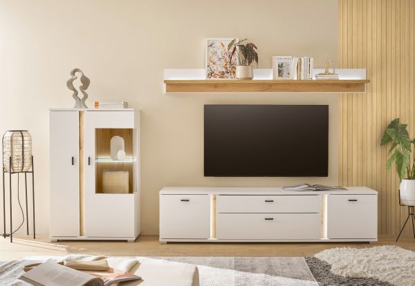 Vitrine Bellport in wei� matt und Wotan Eiche Highboard inklusive Frontbeleuchtung 80 x 125 cm