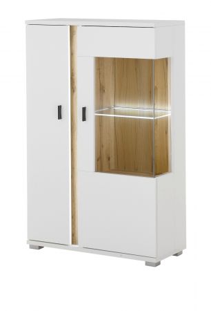 Vitrine Bellport in wei� matt und Wotan Eiche Highboard inklusive Frontbeleuchtung 80 x 125 cm