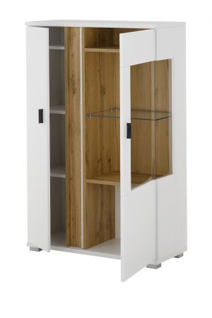 Vitrine Bellport in wei� matt und Wotan Eiche Highboard inklusive Frontbeleuchtung 80 x 125 cm