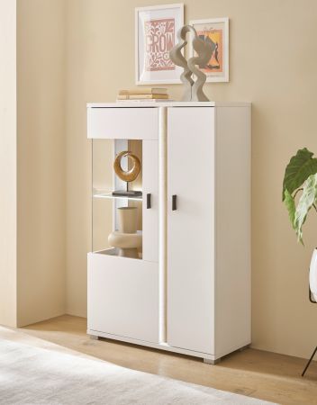Vitrine Bellport in wei� matt und Wotan Eiche Highboard inklusive Frontbeleuchtung 80 x 125 cm