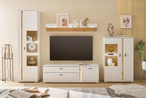 Vitrine Bellport in wei� matt und Wotan Eiche Highboard inklusive Frontbeleuchtung 80 x 125 cm