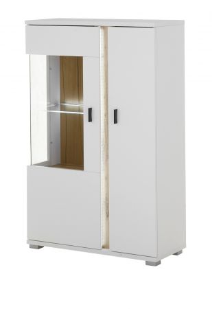 Vitrine Bellport in wei� matt und Wotan Eiche Highboard inklusive Frontbeleuchtung 80 x 125 cm