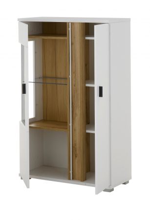 Vitrine Bellport in wei� matt und Wotan Eiche Highboard inklusive Frontbeleuchtung 80 x 125 cm