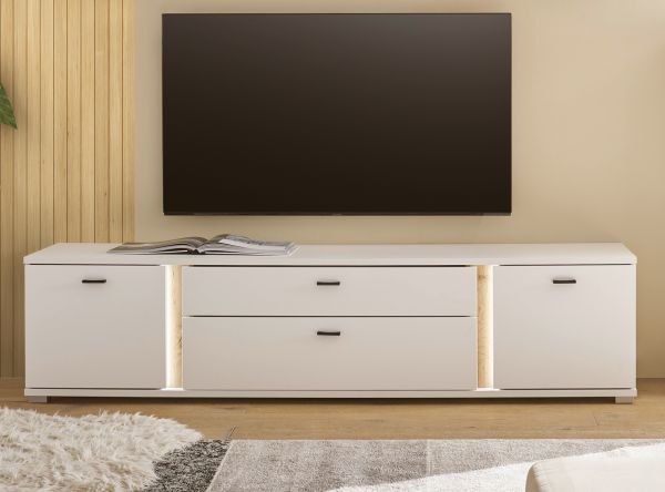TV-Lowboard Bellport in wei� matt und Wotan Eiche TV Unterteil inklusive Frontbeleuchtung 200 cm