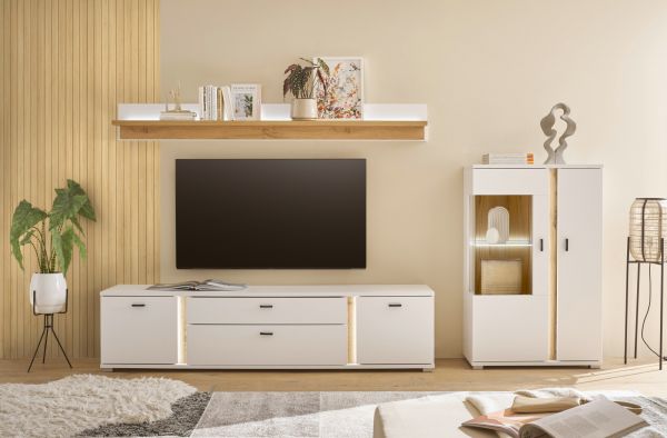 TV-Lowboard Bellport in wei� matt und Wotan Eiche TV Unterteil inklusive Frontbeleuchtung 200 cm