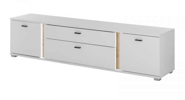 TV-Lowboard Bellport in wei� matt und Wotan Eiche TV Unterteil inklusive Frontbeleuchtung 200 cm