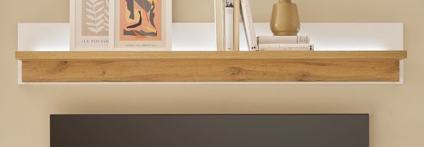 Wandboard Bellport in wei� matt und Wotan Eiche Wandregal inklusive Beleuchtung 150 cm