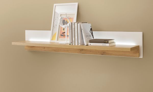 Wandboard Bellport in wei� matt und Wotan Eiche Wandregal inklusive Beleuchtung 150 cm