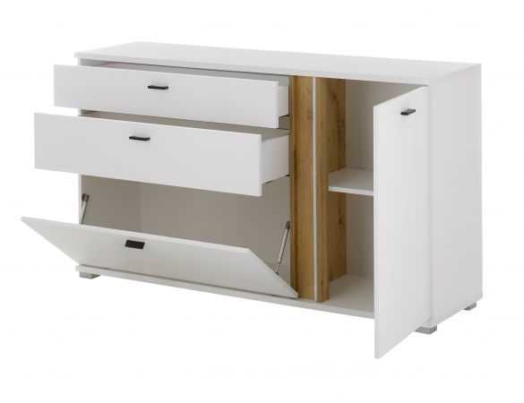 Sideboard Bellport in wei� matt und Wotan Eiche Kommode inklusive Frontbeleuchtung 150 cm