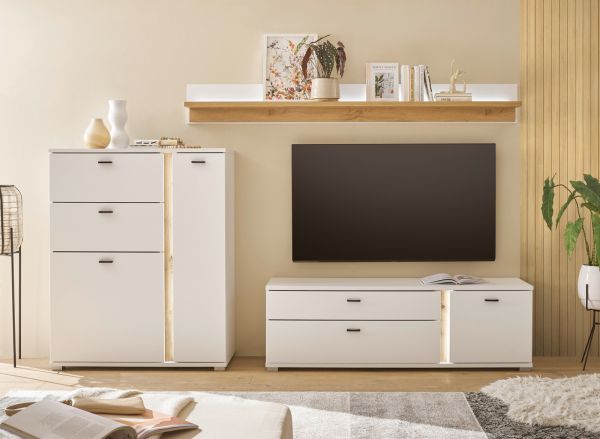 Highboard Bellport in wei� matt und Wotan Eiche Kommode inklusive Frontbeleuchtung 100 x 125 cm