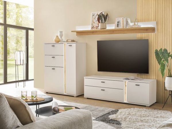 Highboard Bellport in wei� matt und Wotan Eiche Kommode inklusive Frontbeleuchtung 100 x 125 cm