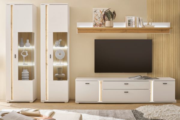 Wohnwand Bellport in wei� matt und Wotan Eiche Wohnkombination inklusive Frontbeleuchtung 330 x 200
