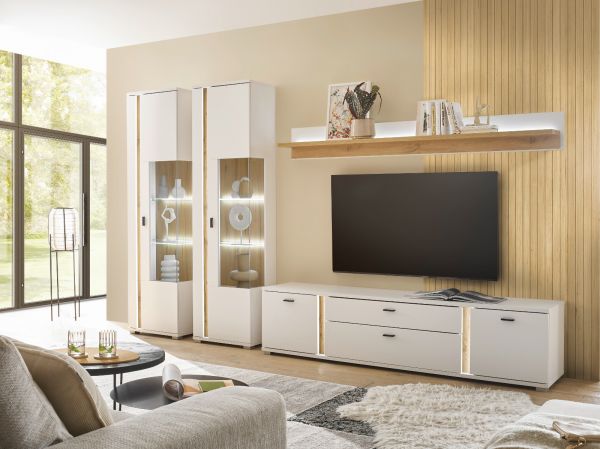 Wohnwand Bellport in wei� matt und Wotan Eiche Wohnkombination inklusive Frontbeleuchtung 330 x 200