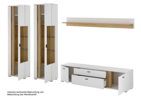 Wohnwand Bellport in wei� matt und Wotan Eiche Wohnkombination inklusive Frontbeleuchtung 330 x 200