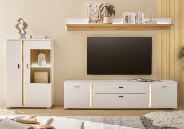 Wohnwand Bellport in wei� matt und Wotan Eiche Wohnkombination inklusive Frontbeleuchtung 290 cm