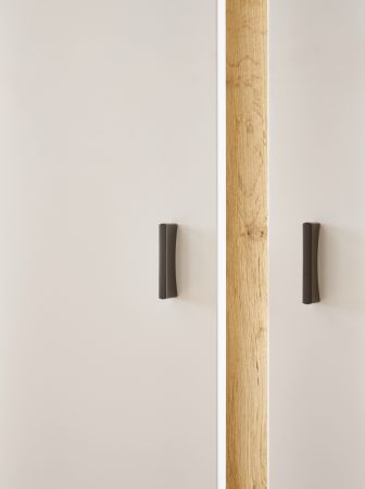 Wohnwand Bellport in wei� matt und Wotan Eiche Wohnkombination inklusive Frontbeleuchtung 290 cm