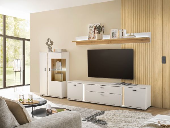 Wohnwand Bellport in wei� matt und Wotan Eiche Wohnkombination inklusive Frontbeleuchtung 290 cm